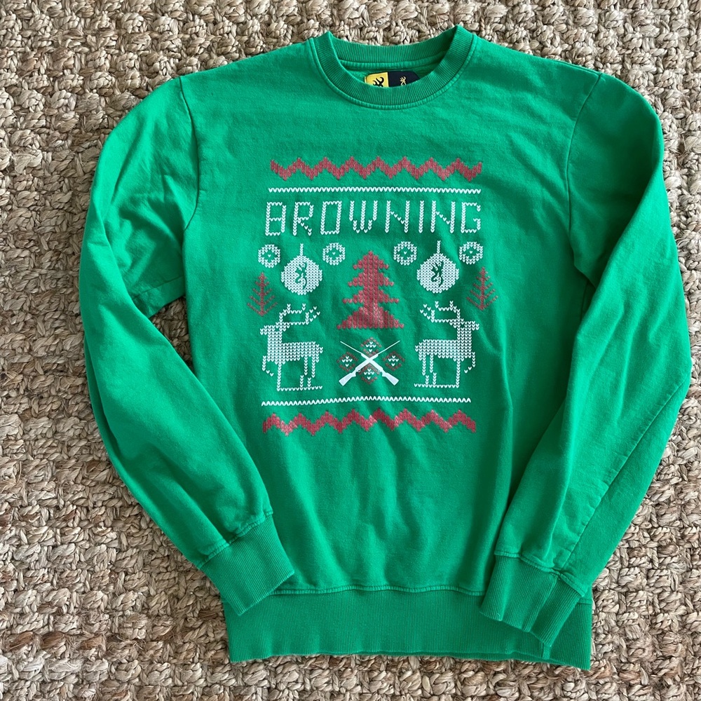 Browning Ugly Christmas Sweater Sweatshirt Green Cotton Size Small